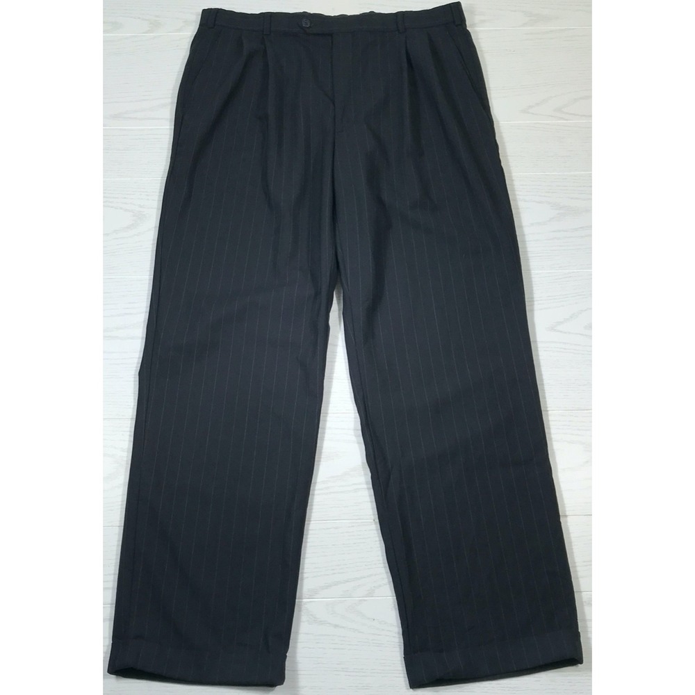 Brooks Brothers Wool Dress Pants Mens 36x30 Black Pinstripe Pleated Cuffed Work